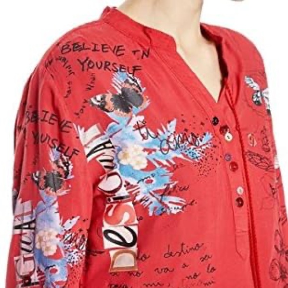 Desigual Tunic Lisa red graffiti blouse words size 4 - Picture 5 of 6
